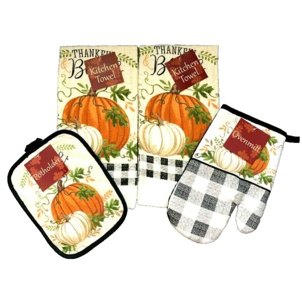 Thankful Blessed Dish Towels Oven Mitt Potholder Set of 4 Thanksgiving Pumpkins